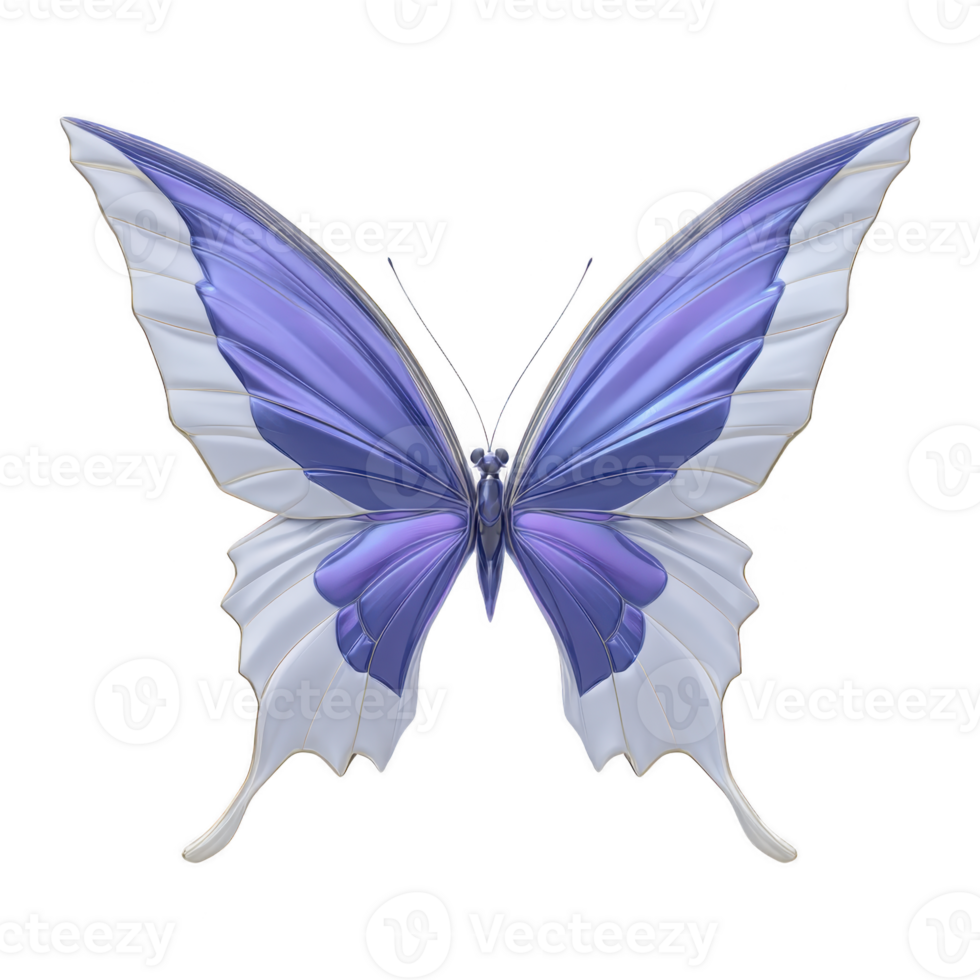 Vibrant, digitally rendered butterfly with purple and white wings, showcasing intricate patterns and delicate textures, set against transparent background png