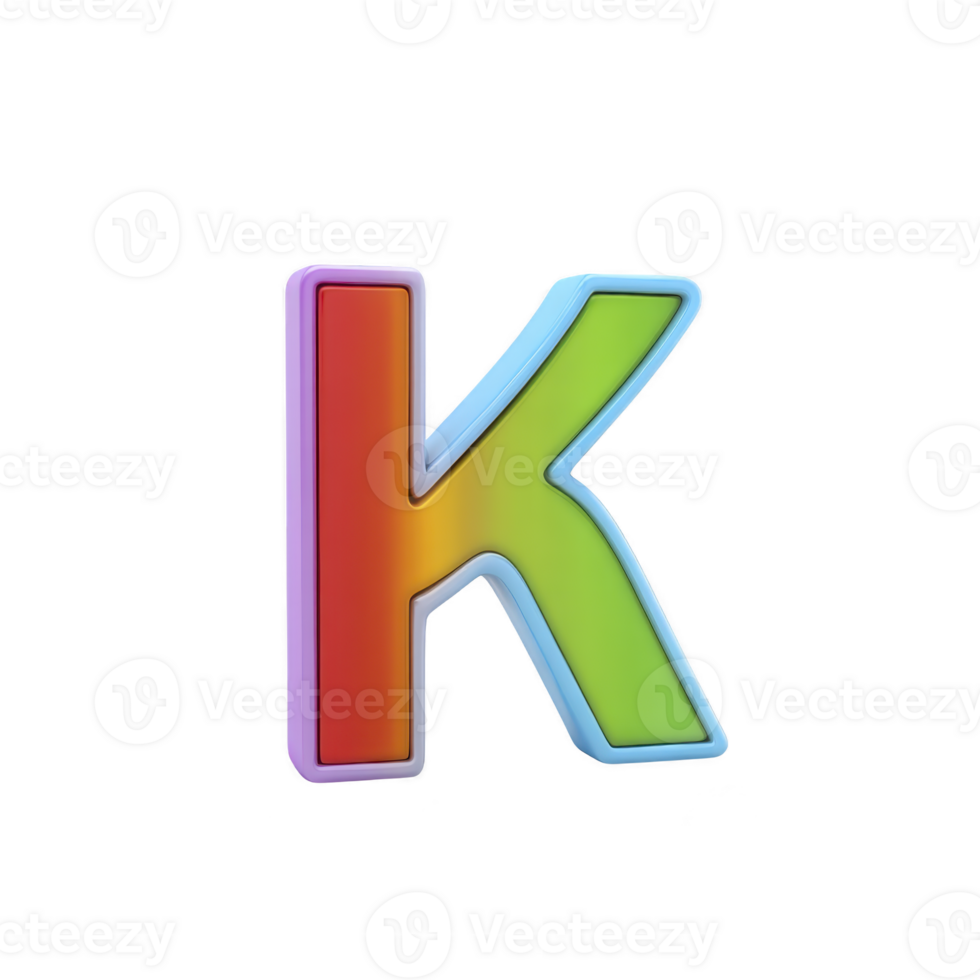 Colorful 3D letter K with gradient effect, featuring vibrant shades of red, orange, green, and blue, creating playful and eye catching design png