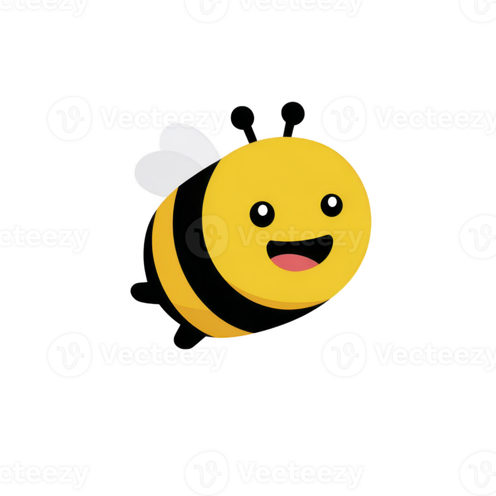 Cute, smiling cartoon bee with black and yellow stripes and small wings, conveying cheerful and playful vibe. bee simple design makes it ideal for children content or educational materials png
