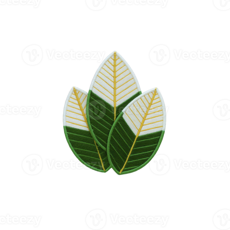 Three green and white leaves with yellow veins are arranged in layered pattern, creating simple and elegant design. leaves have stylized, symmetrical appearance, adding modern touch png