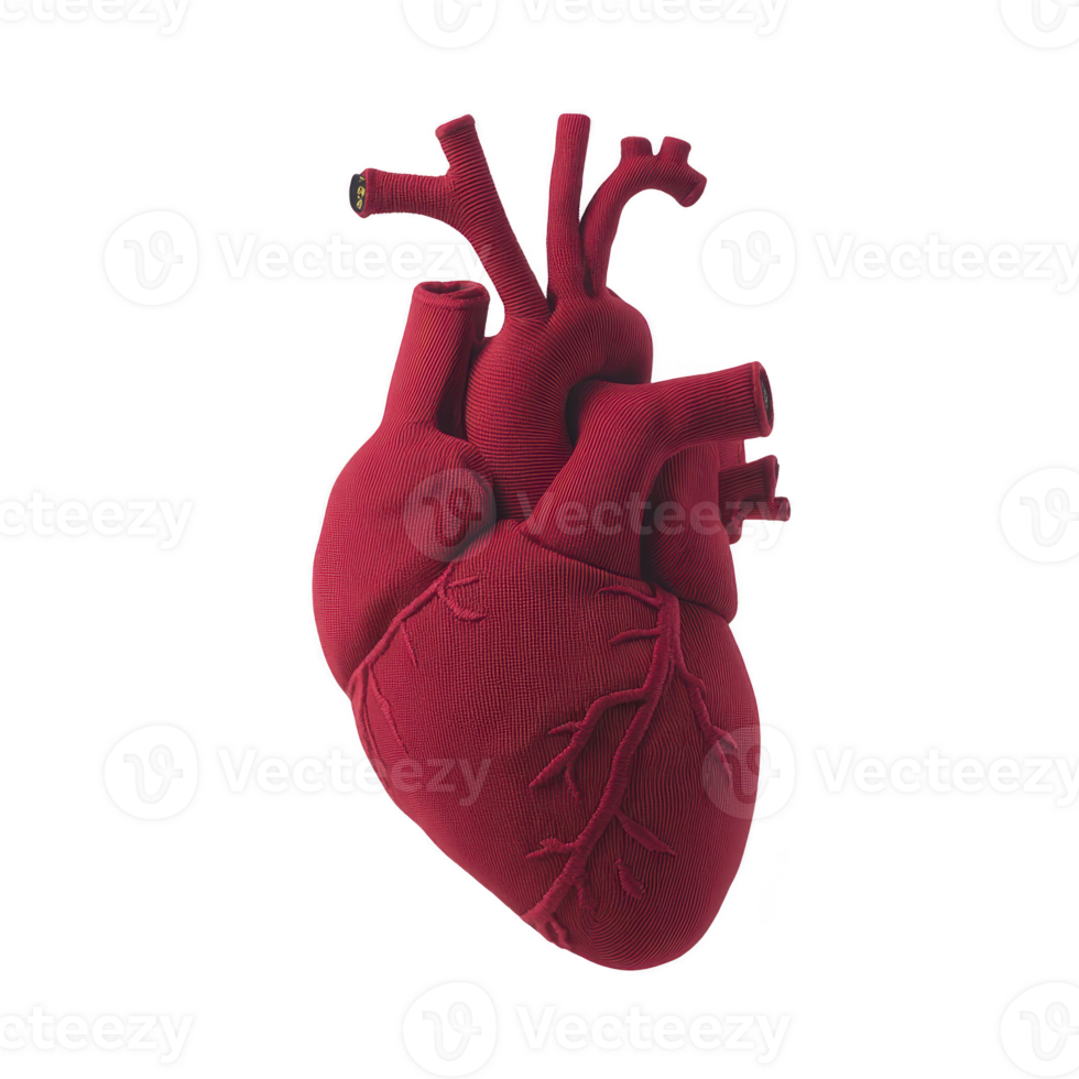 Realistic red anatomical heart model with detailed veins and arteries, showcasing textured surface. heart is isolated on transparency background, emphasizing its intricate design png