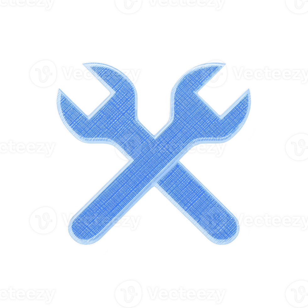Crossed blue wrenches on transparency background symbolize tools and repair, conveying sense of maintenance and service. textured design adds modern touch png