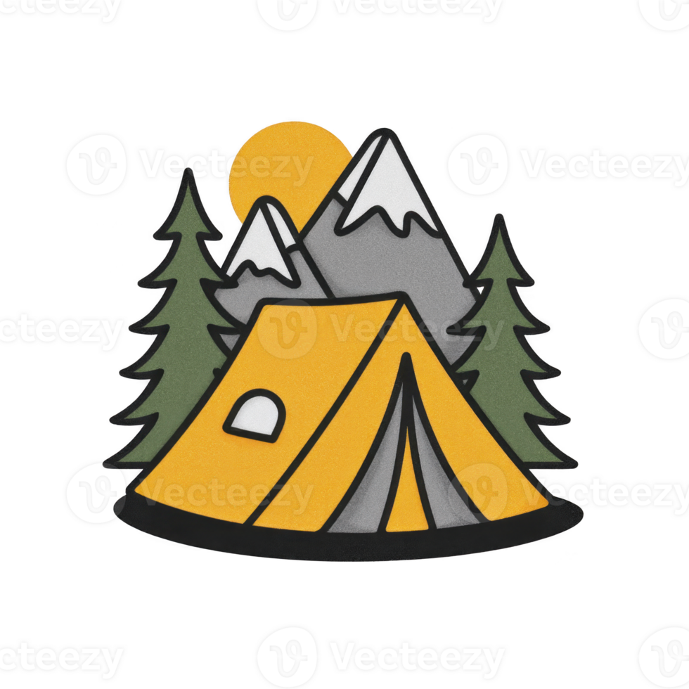 Vibrant illustration of yellow tent set against backdrop of snow capped mountains and evergreen trees, with sun peeking over peaks, evokes sense of adventure and tranquility png
