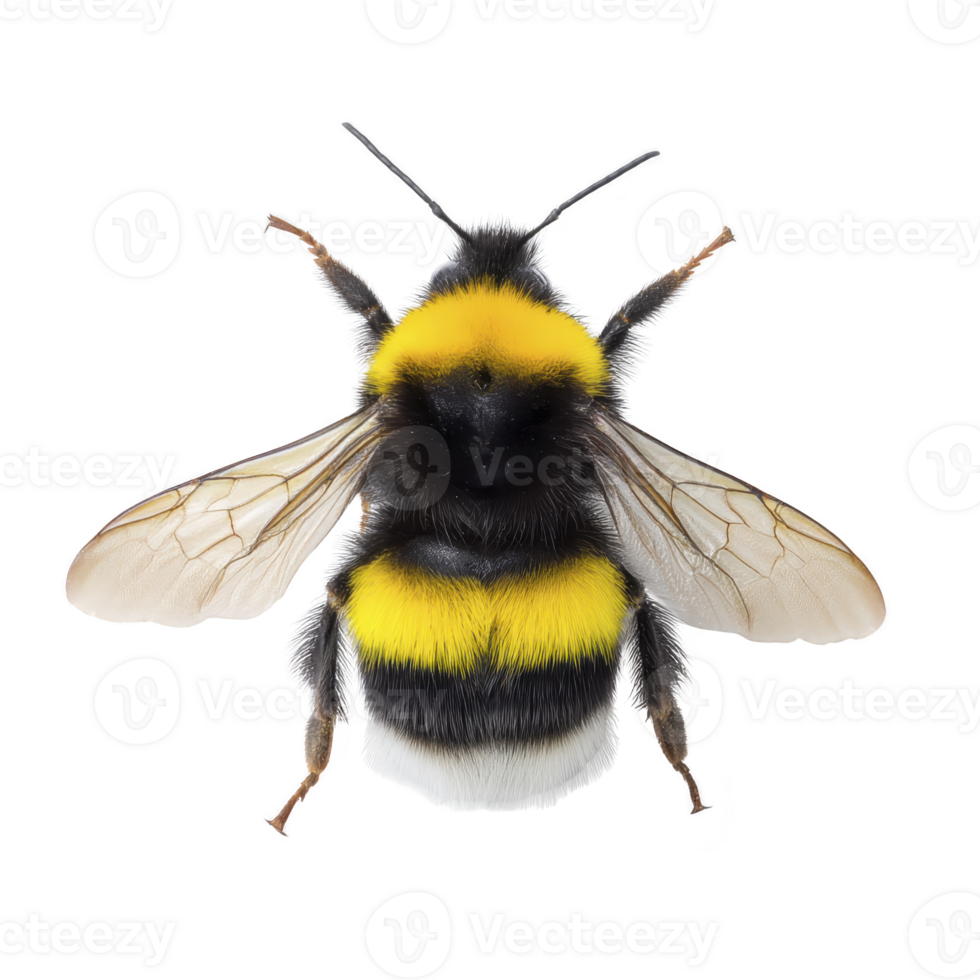 Close up image of bumblebee with vibrant yellow and black stripes, showcasing its delicate wings and fuzzy body. insect is isolated on transparency background png