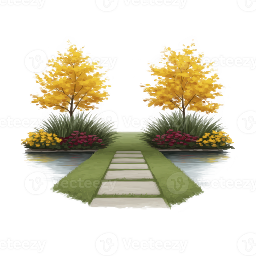 Serene garden scene features stone path leading to two vibrant yellow trees, surrounded by lush greenery and colorful flowers, reflecting tranquility and natural beauty png