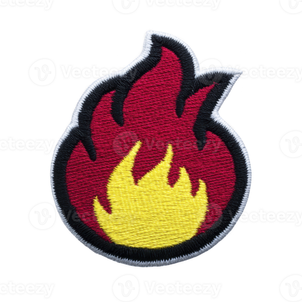 This features embroidered patch in shape of flame, with vibrant red and yellow color scheme. patch has black outline, giving it bold and striking appearance. flame patch design png