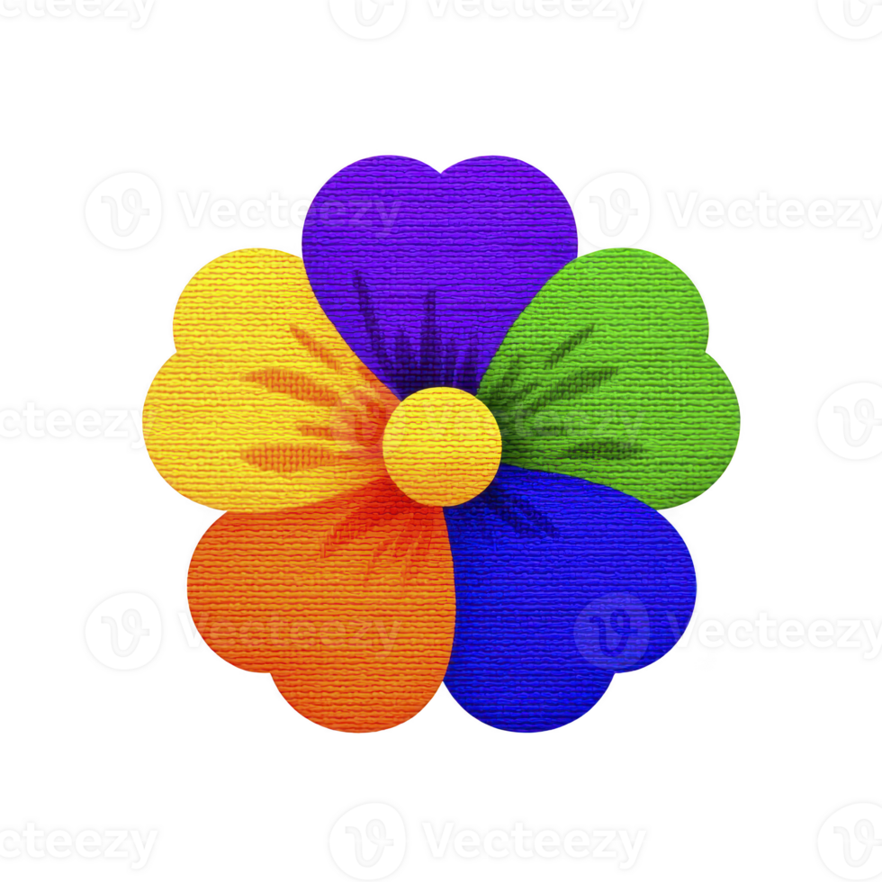 Vibrant multicolored flower with heart shaped petals in yellow purple green orange and blue centered around yellow core creating cheerful and artistic design png