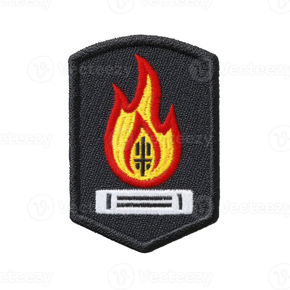 This shows embroidered patch featuring stylized flame design with central emblem and horizontal bar below, set against transparency background. patch has shield like shape.flame patch design png