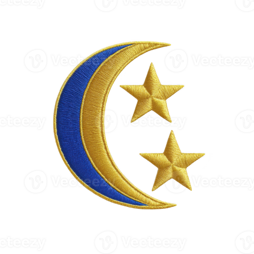 Crescent moon and two stars are embroidered in gold and blue, creating celestial design on transparency background. intricate stitching adds texture and depth to motif png