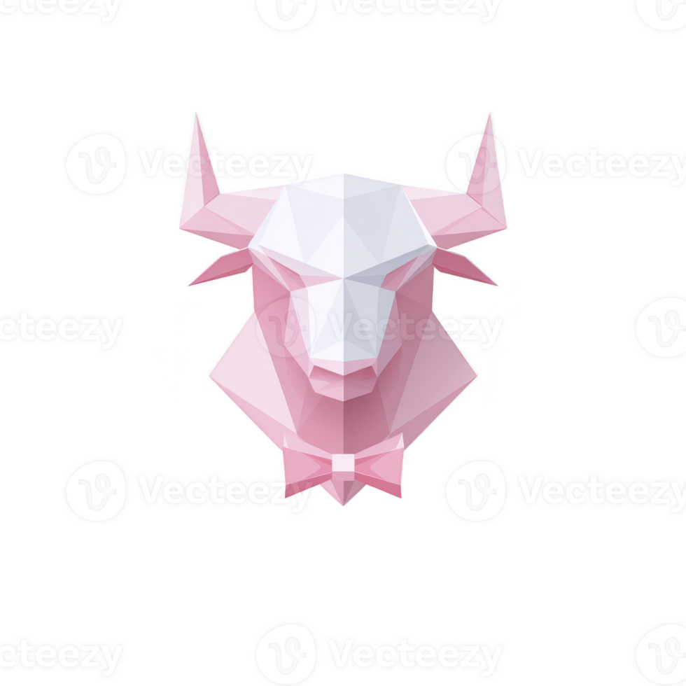 Geometric pink bull head with sharp angles and bow tie, showcasing modern and artistic design. low poly style gives it contemporary and abstract appearance png