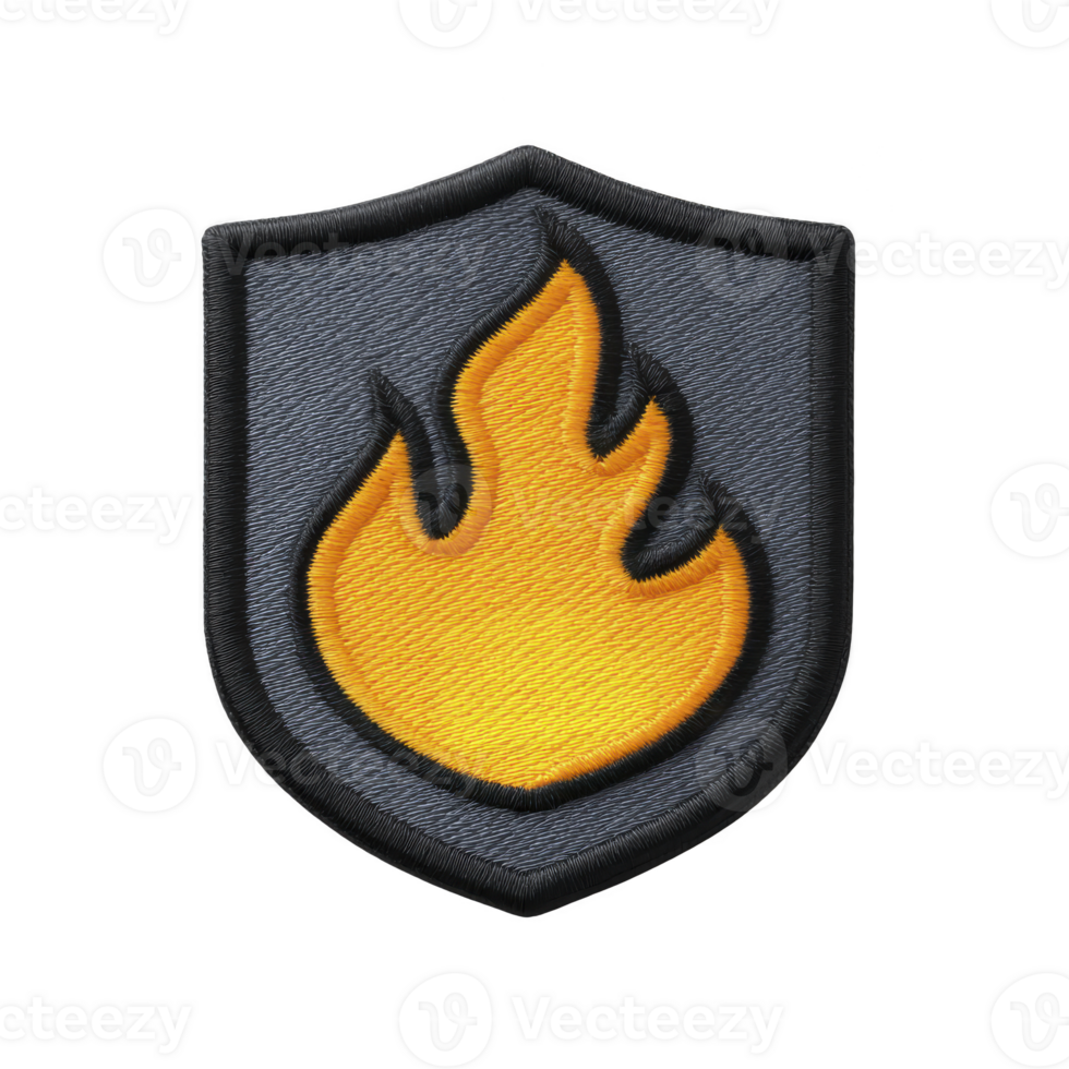 Shield shaped patch features vibrant yellow flame symbol on transparency background, representing protection and energy. embroidered design adds texture and depth png