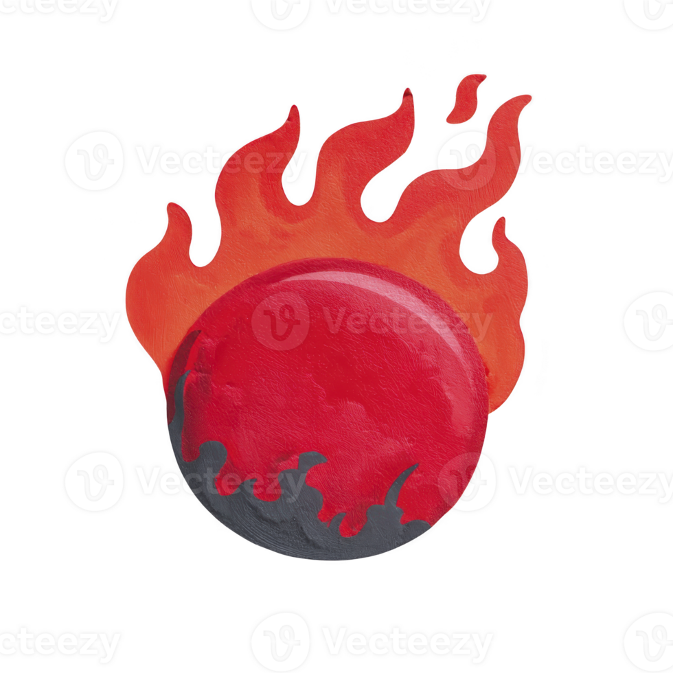 Vibrant red sphere with fiery flames emanating from top, creating dynamic and energetic visual. flames are depicted in shades of orange and red, adding intensity to image png