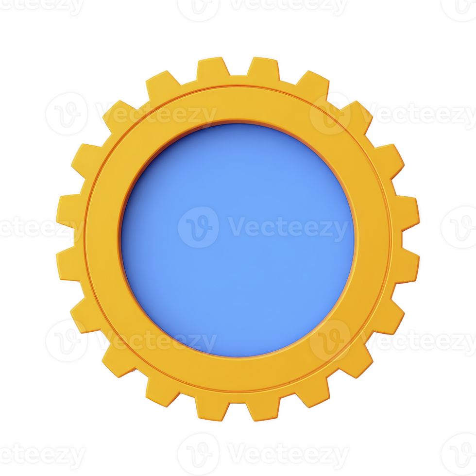 Vibrant 3D illustration of gear with blue center and yellow teeth, symbolizing technology and engineering concepts. design is simple yet striking, conveying innovation and creativity png