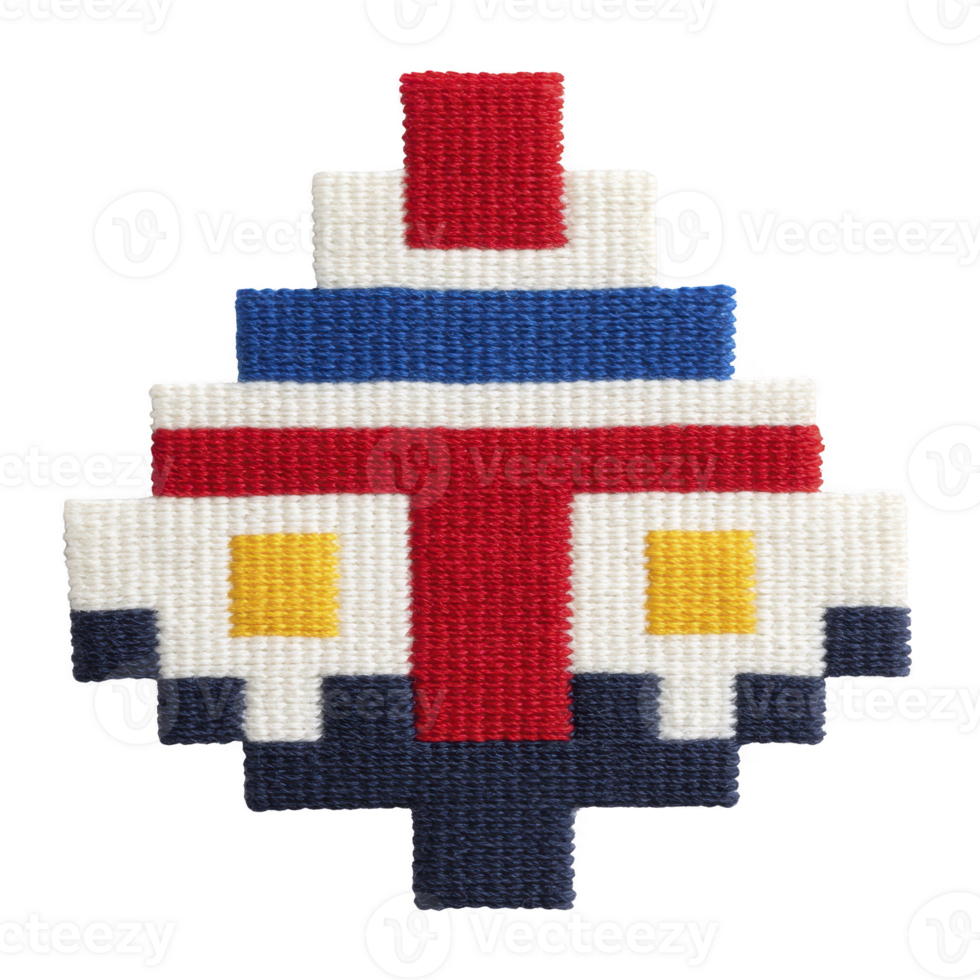 This features pixelated design resembling stylized face or mask, using bold colors like red, blue, white, and yellow. geometric pattern gives it retro, digital art feel. Pixelated design with bold png