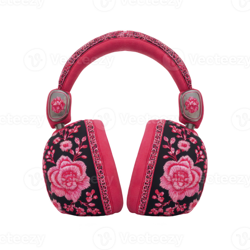Pair of stylish headphones with vibrant pink floral embroidery on transparency background, featuring intricate rose patterns and decorative stitching, creating elegant and artistic design png