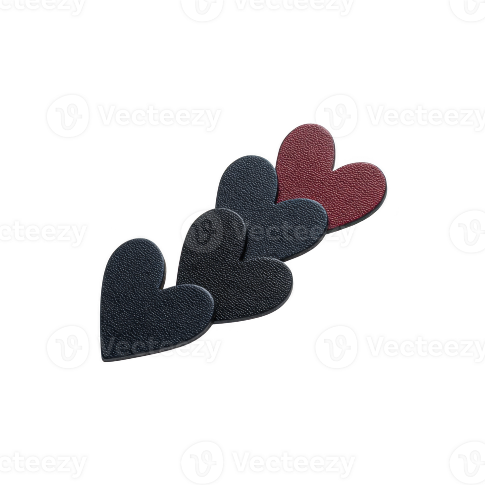 Four heart shaped leather patches in black and red are arranged in diagonal line, creating simple yet elegant design. texture of leather adds tactile element to visual appeal png