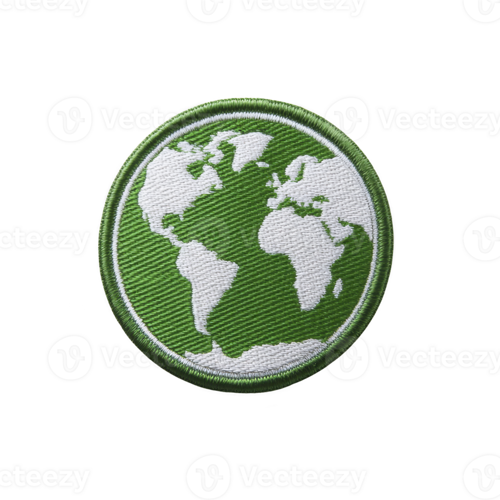 Round embroidered patch features green and white globe design, symbolizing global unity and environmental awareness. patch is detailed with continents and ocean patterns png