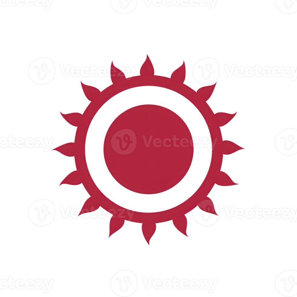 Red sun symbol with circular center and radiating triangular rays on transparency background. design is simple and bold, evoking sense of energy and warmth png