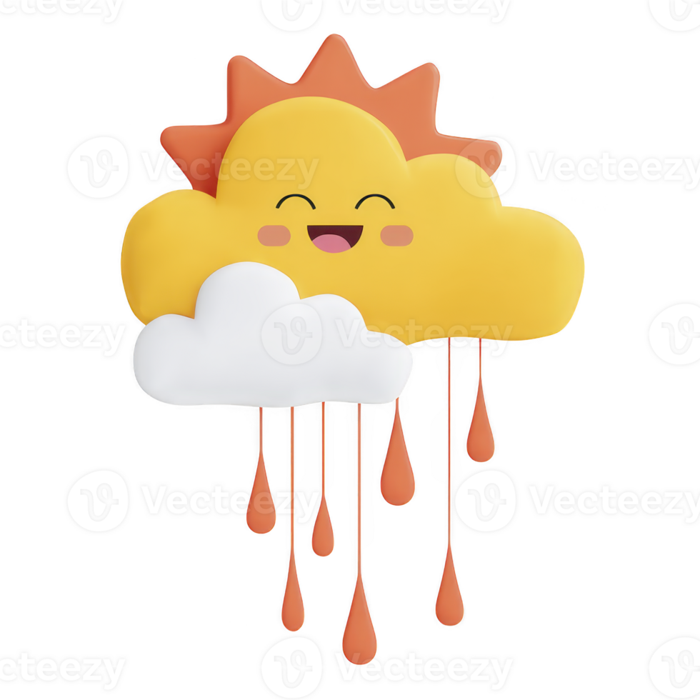 Cute, smiling sun peeks over fluffy cloud with colorful raindrops dripping below, creating cheerful and whimsical weather illustration png