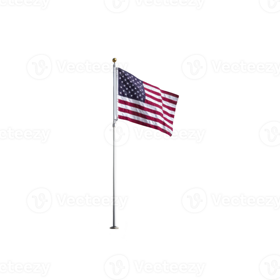 Image shows American flag waving on tall flagpole against clear background, symbolizing patriotism and national pride png
