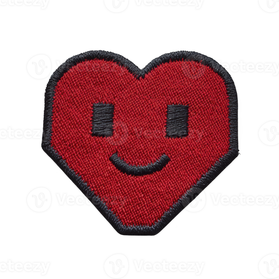 Red heart shaped patch with smiling face, featuring black outlines and eyes, conveys cheerful and playful vibe. This embroidered design is ideal for clothing or accessories png