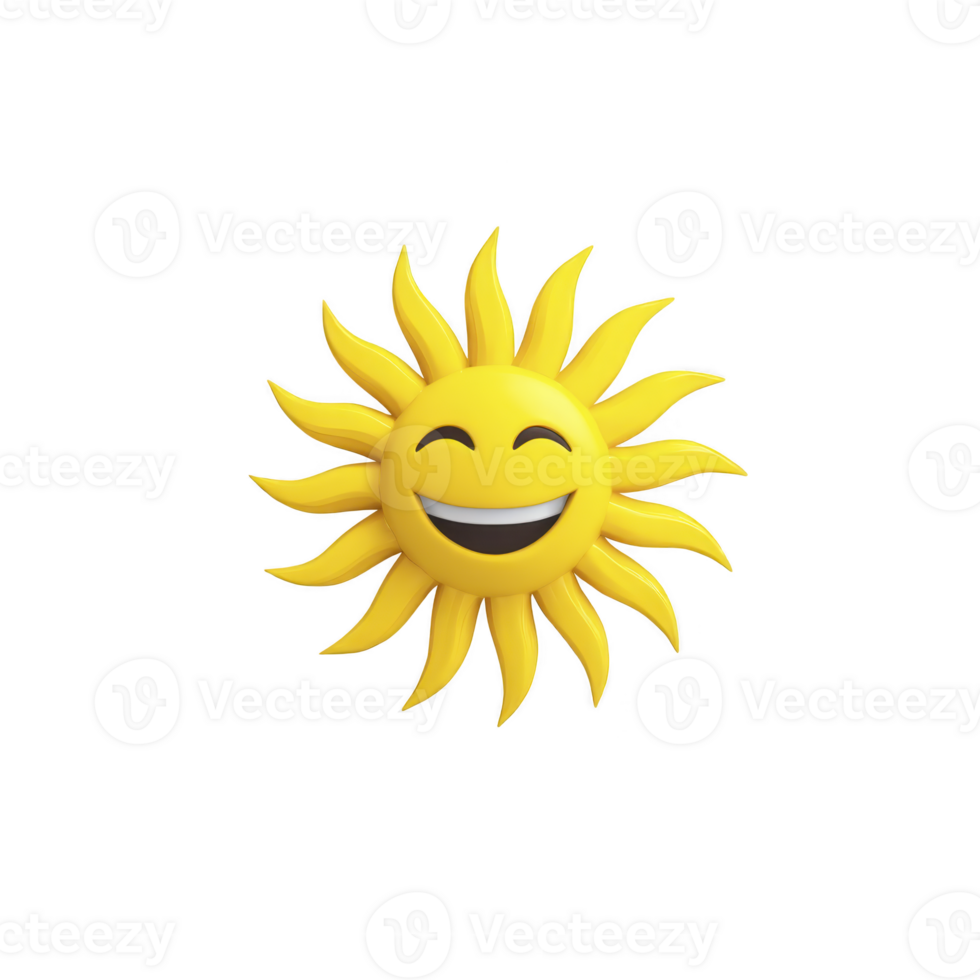 Cheerful, smiling sun emoji with bright yellow rays and happy expression, symbolizing warmth and positivity. sun playful design adds touch of joy and energy png