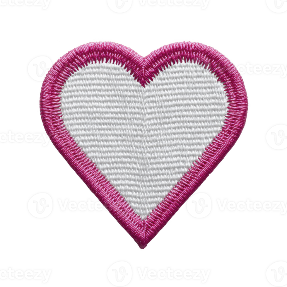 Heart shaped embroidered patch with white center and pink border, symbolizing love and affection. patch is isolated transparency background, highlighting its intricate stitching and vibrant colors png