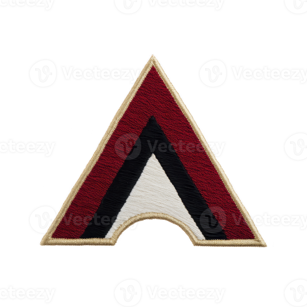 Triangular embroidered patch with red, black, and white sections, outlined in gold, is displayed on plain background. design features symmetrical pattern with central arch png