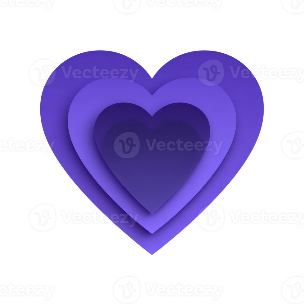 Layered purple heart design with modern, abstract style, featuring three concentric hearts in varying shades of purple, creating sense of depth and dimension png
