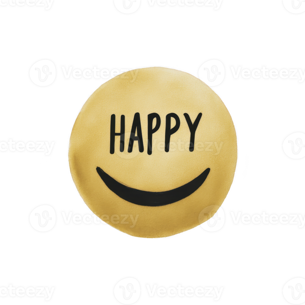 Yellow smiley face with word HAPPY written across it, featuring simple black smile and eyes, conveys cheerful and positive emotion png