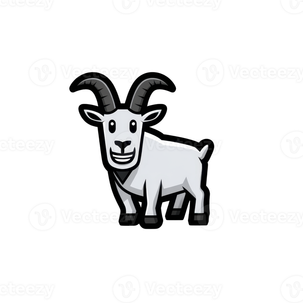 Cartoon goat with large curved horns stands cheerfully, featuring simple and playful design. goat is depicted in grayscale color scheme, adding classic touch to its appearance png