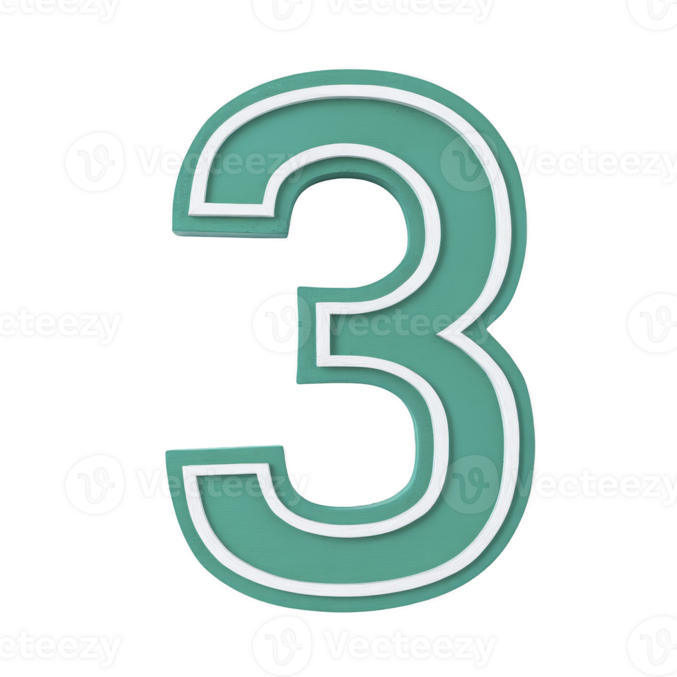 Teal number three with white outline on plain background, showcasing bold and modern design. number is centered and stands out clearly, creating striking visual impact png