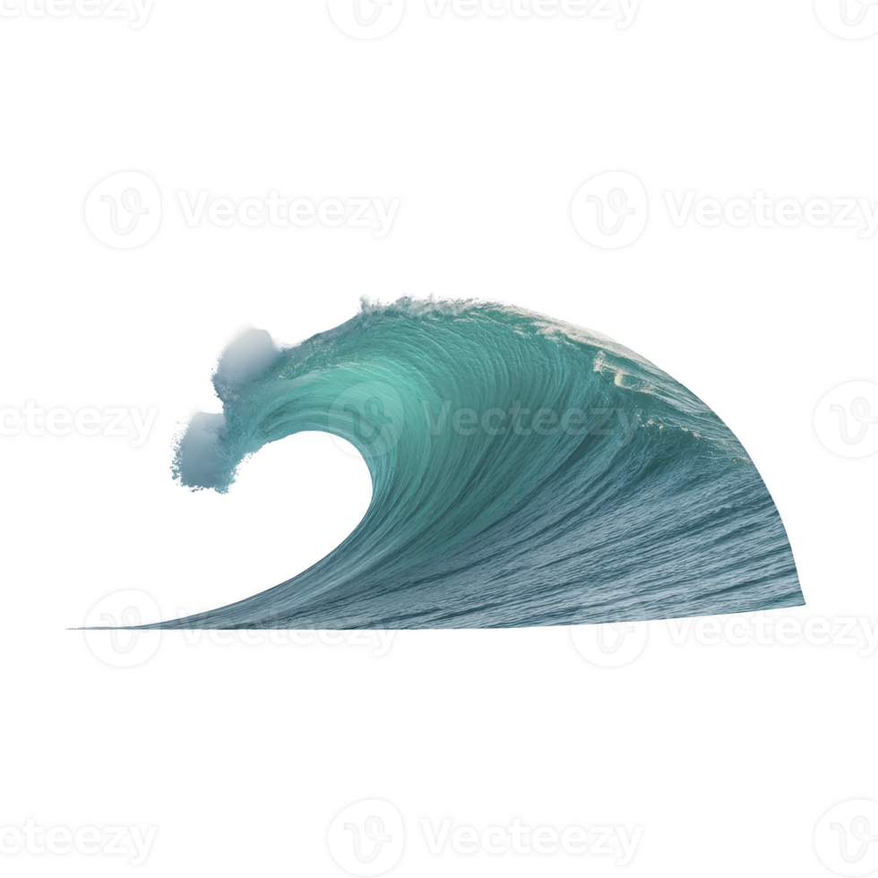 Powerful ocean wave curls majestically, showcasing its vibrant turquoise color and dynamic motion against clear background. wave crest is topped with white foam, capturing essence of nature energy png