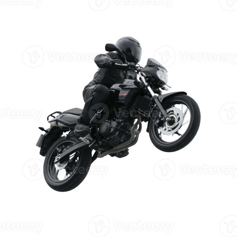 Motorcyclist performs wheelie on sleek black motorcycle, showcasing skill and control. rider wears protective gear, including helmet and gloves, emphasizing safety during stunt png