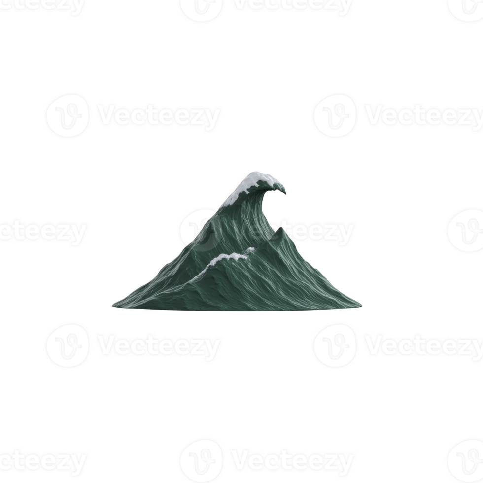 Stylized illustration of large ocean wave with dark green hue and white foam crest, evoking sense of power and movement. wave is isolated on transparency background png