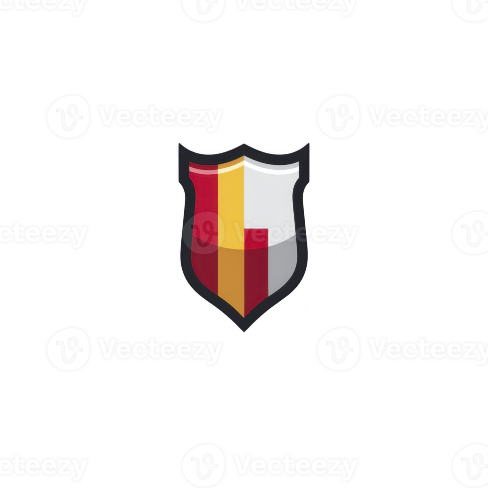 Shield logo design featuring modern, abstract style with red, yellow, and gray colors. geometric shapes create sense of protection and strength png