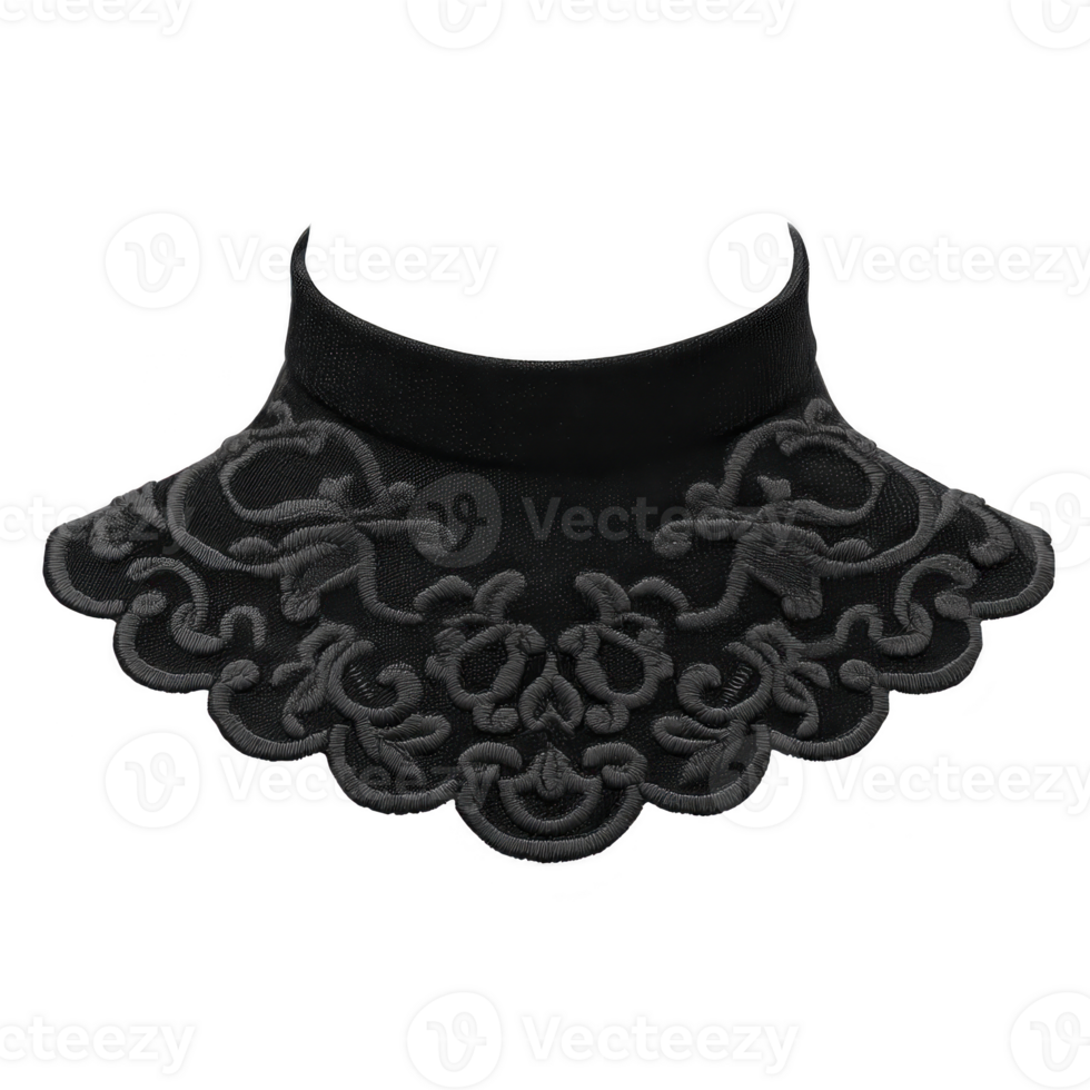 Elegant black lace collar with intricate floral patterns, perfect for adding touch of sophistication to any outfit. delicate design features scalloped edges and ornate detailing png