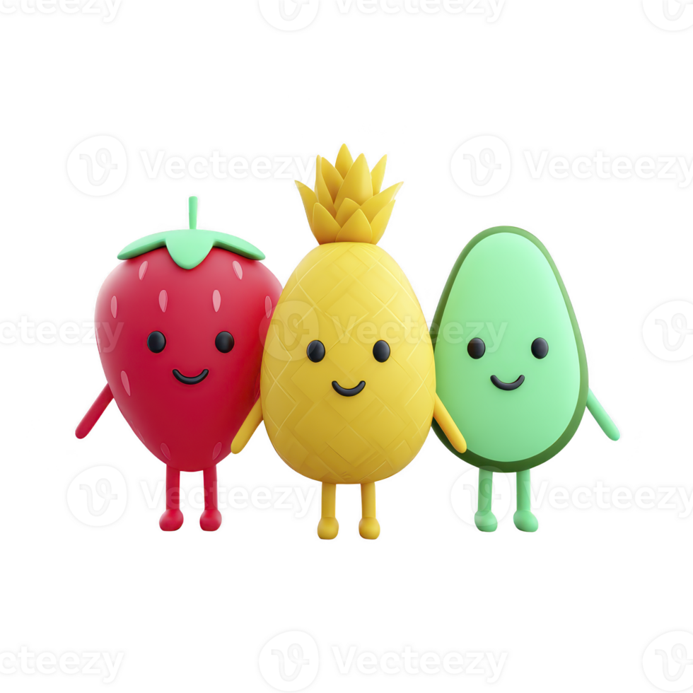 Three cute, smiling fruit characters, including strawberry, pineapple, and avocado, stand together with arms linked, showcasing playful and cheerful design png
