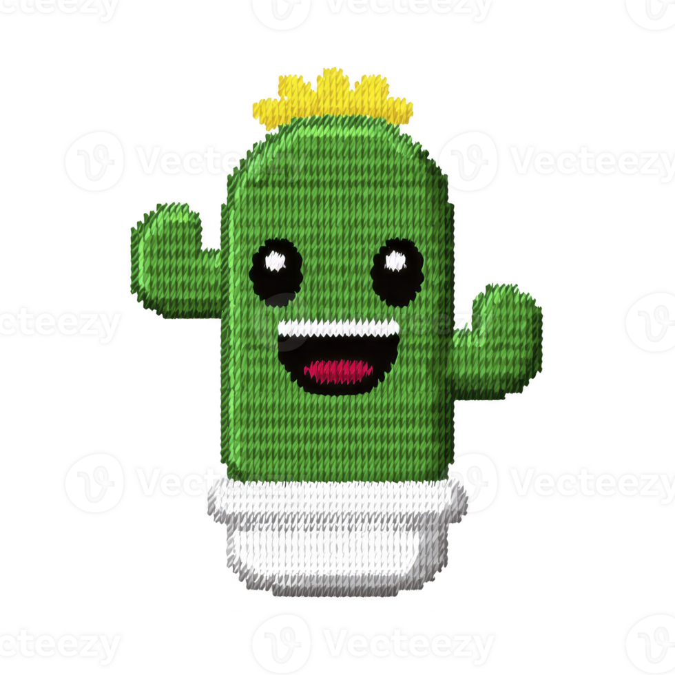 Cute, smiling cartoon cactus with yellow flower on top and white pot, featuring pixelated design. cactus has two arms raised and cheerful expression png