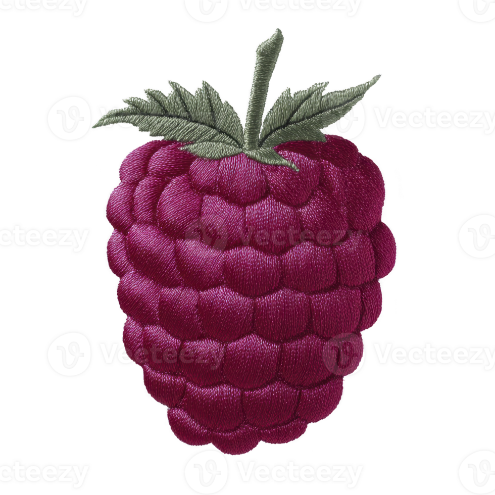 Detailed embroidered raspberry design with vibrant purple hues and green leaves, showcasing intricate stitching and texture. artwork captures essence of ripe, juicy raspberry png