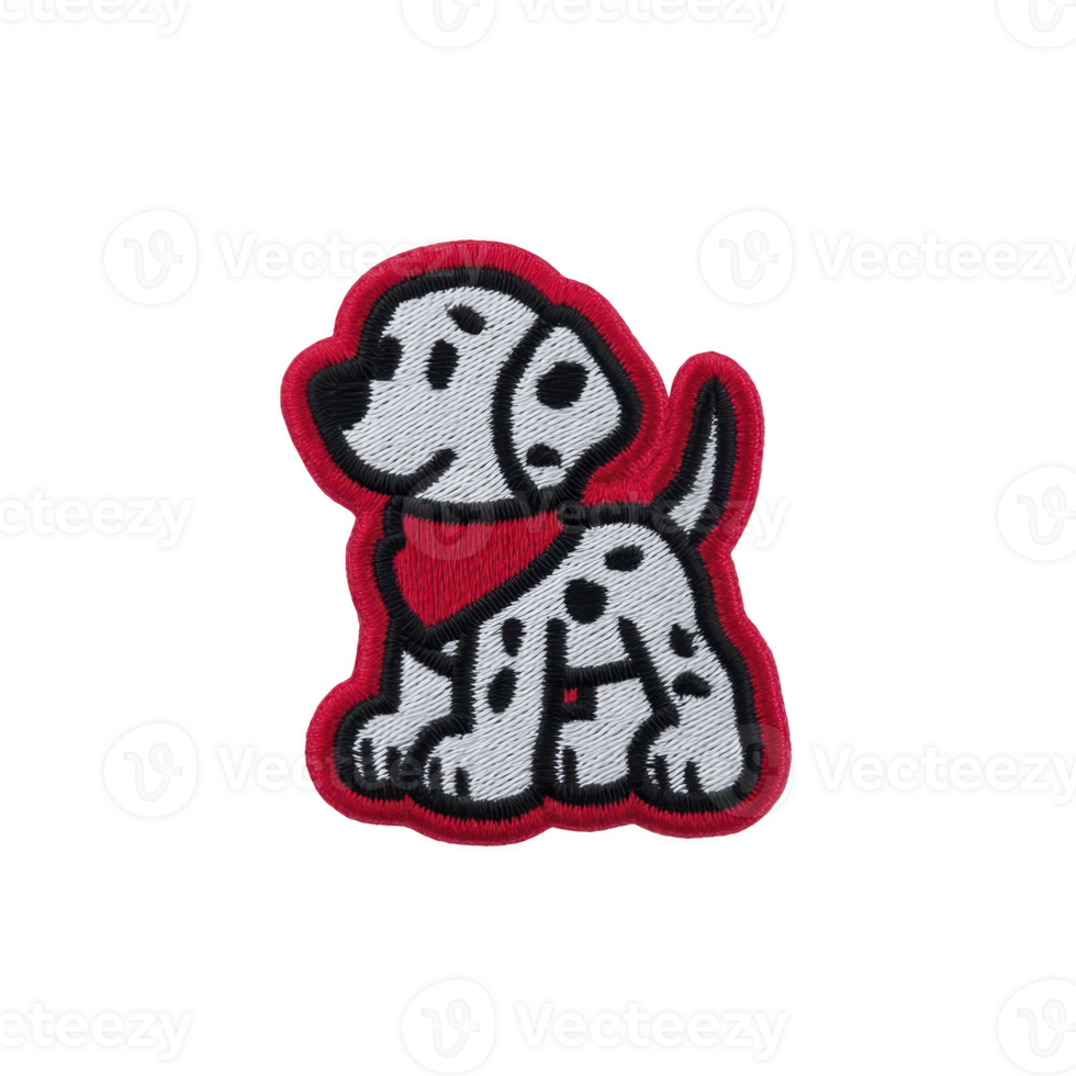 Cute embroidered patch of cartoon Dalmatian dog wearing red bandana, outlined in red, on transparency background. design is playful and suitable for clothing or accessories png