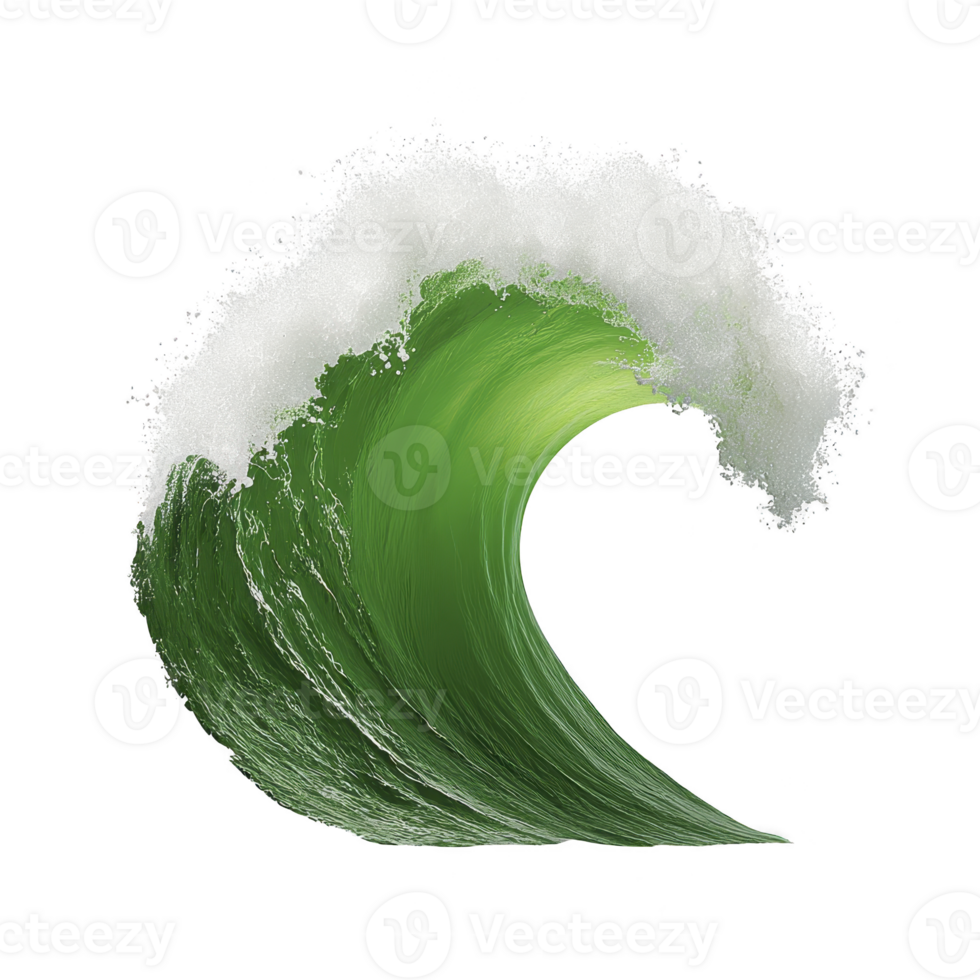 Vibrant green wave with frothy white crest, isolated on transparency background, captures dynamic motion of ocean. wave energy and fluidity are visually striking png