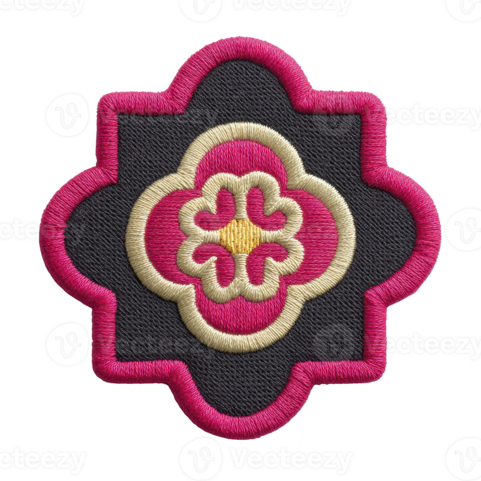 Decorative embroidered patch with floral design in pink, gold, and gray, featuring intricate stitching and symmetrical pattern. patch has bold border and textured appearance png