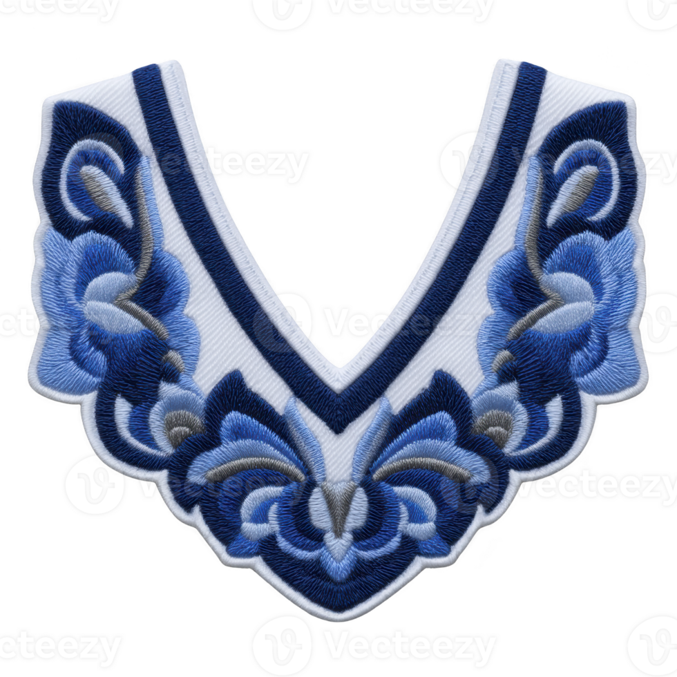 Intricate blue floral embroidery design with V shaped pattern, featuring detailed stitching and elegant curves. Perfect for enhancing garments or textiles with touch of sophistication png
