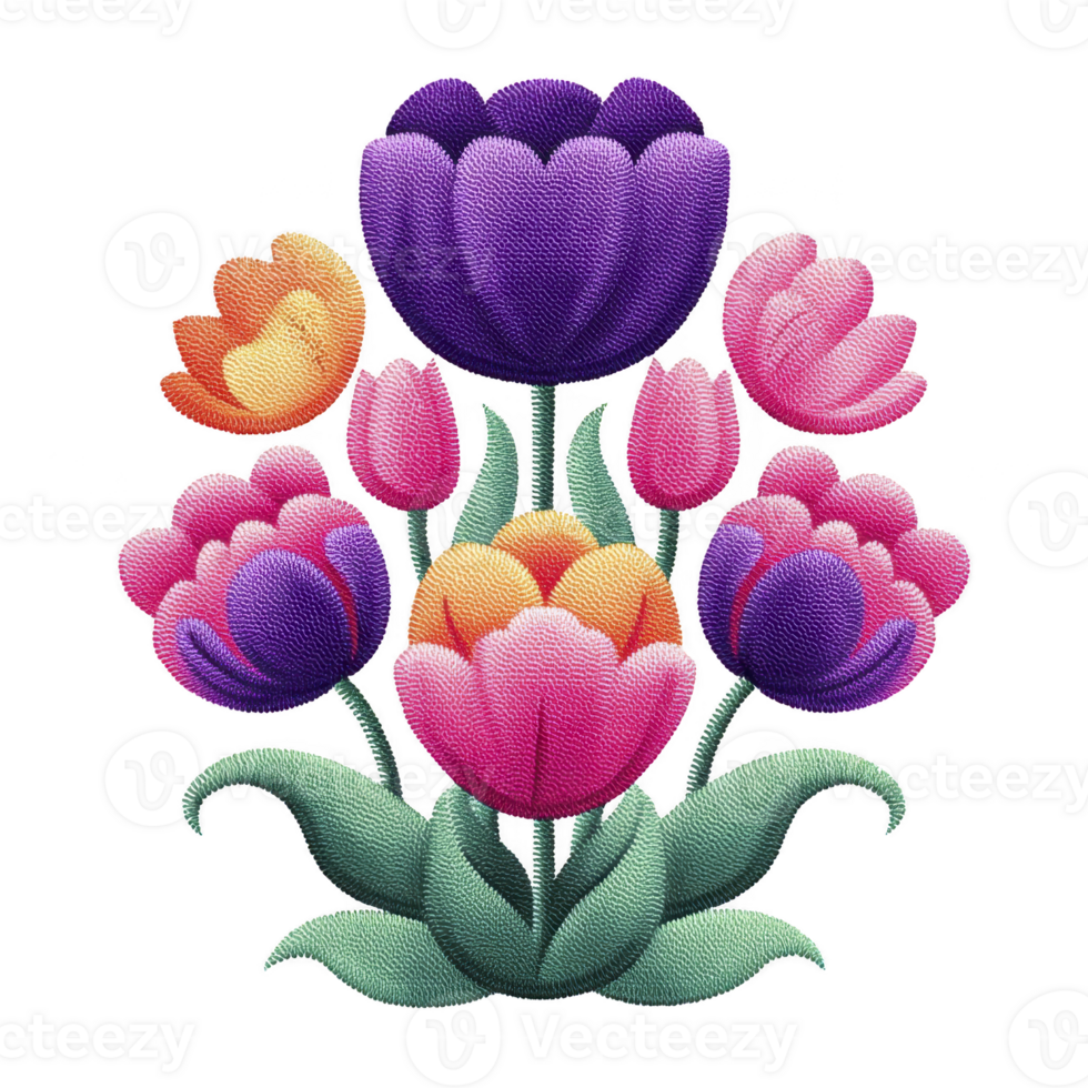 Vibrant embroidery design featuring bouquet of colorful tulips in shades of purple, pink, and orange with green leaves, showcasing intricate stitching and texture png