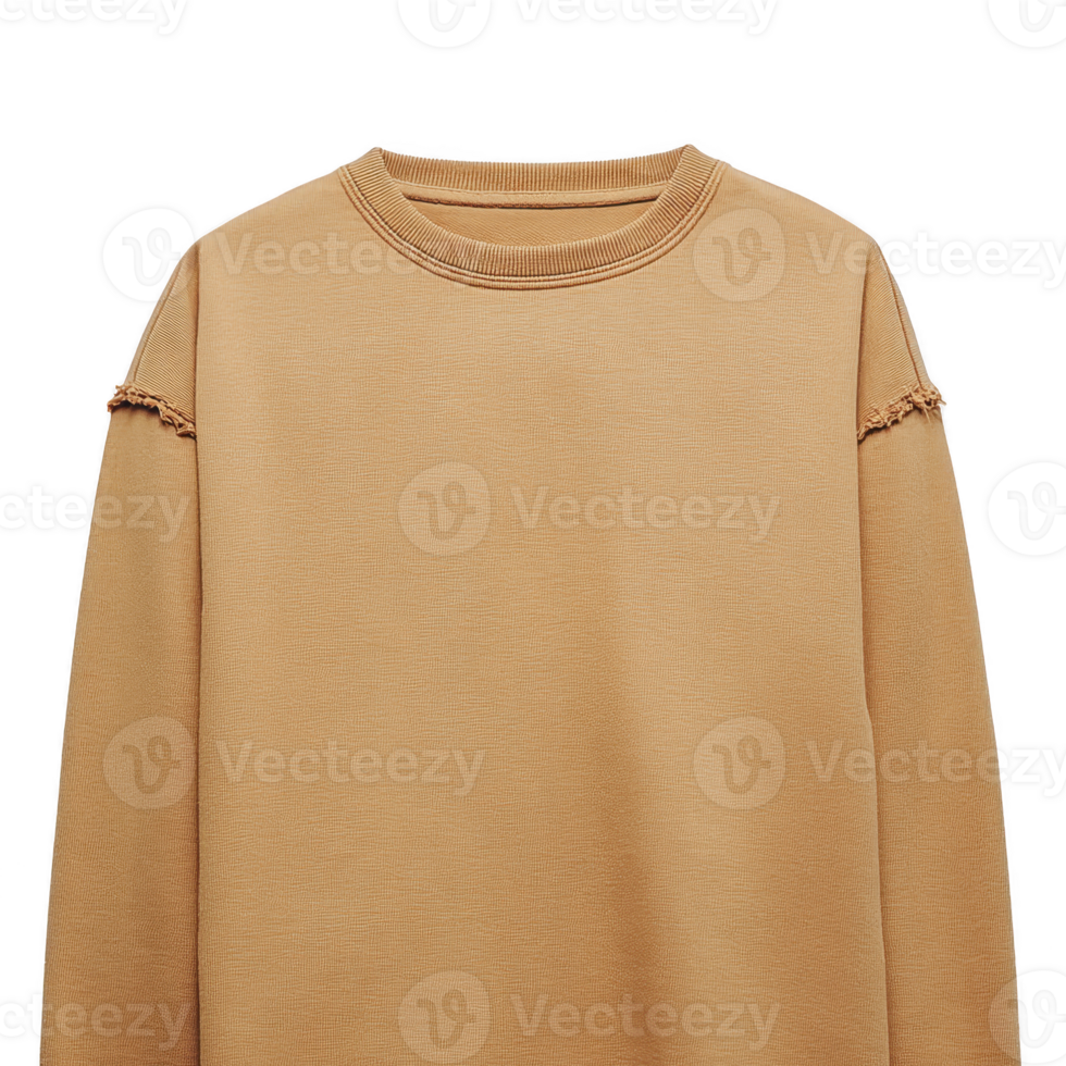 Beige sweatshirt with minimalist design features ribbed crew neckline and subtle distressed detailing on shoulders, offering casual and stylish look png