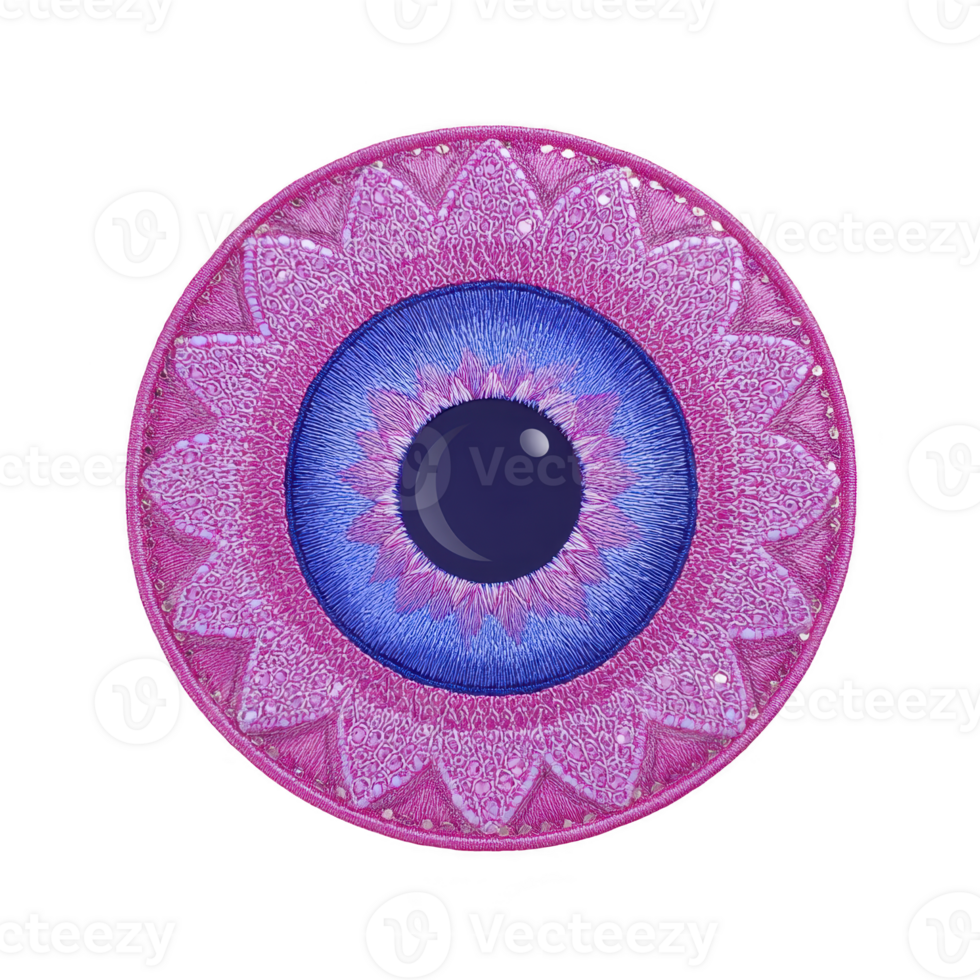 Vibrant, abstract illustration of circular mandala design with intricate patterns shades of pink and blue, resembling eye. central area features deep blue circle with glossy finish, surrounded by png