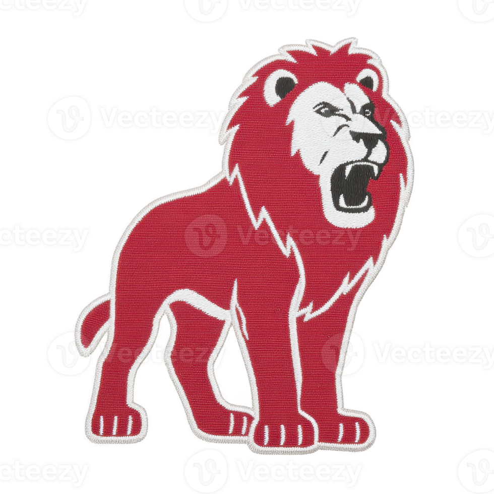 Fierce red lion illustration with bold, roaring expression, outlined in white, symbolizing strength and courage. design is simple yet striking, perfect for logos or emblems png