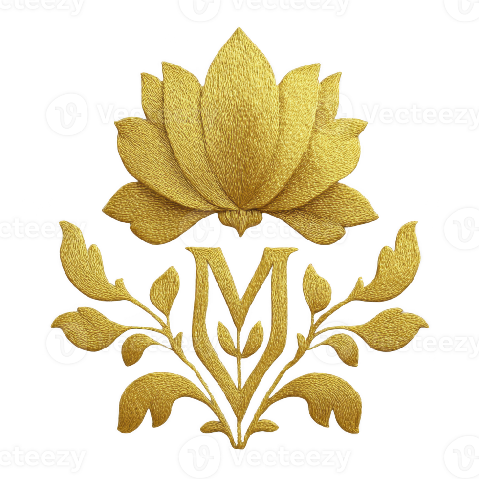 This features intricate gold embroidered design with lotus flower and leaves, centered around letter M transparency background. design is elegant and detailed.Gold embroidered lotus design with png