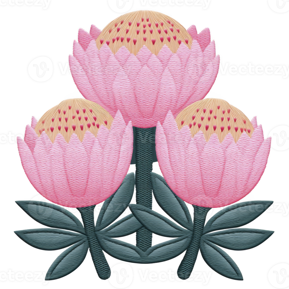Three stylized pink flowers with intricate embroidery details are depicted, featuring green leaves and stems. design showcases blend of artistic texture and vibrant colors, creating charming png